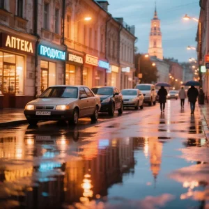 Улица с платной парковкой в центре Казани, автомобили ищут свободные места, синяя разметка на асфальте